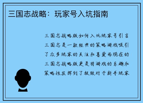 三国志战略：玩家号入坑指南